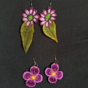 Vibrant Floral Embroidered Earrings - Pink and Green